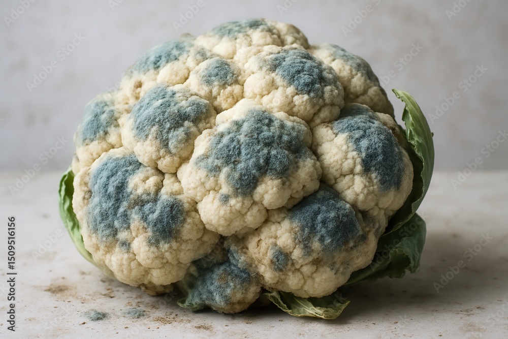 Obraz premium Mold growing on a cauliflower head, showing food waste and expiration