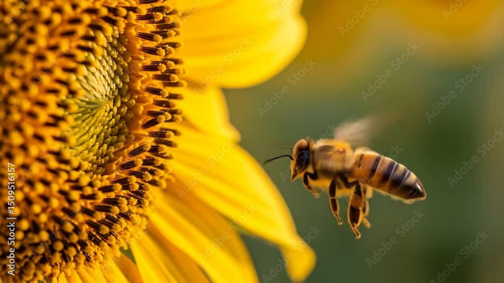 Bee Flies Past Sunflower, Pollinating, Close Up of Nature's Beauty Bee Flies Past Sunflower, Pollinating, Close Up of Nature's Beauty