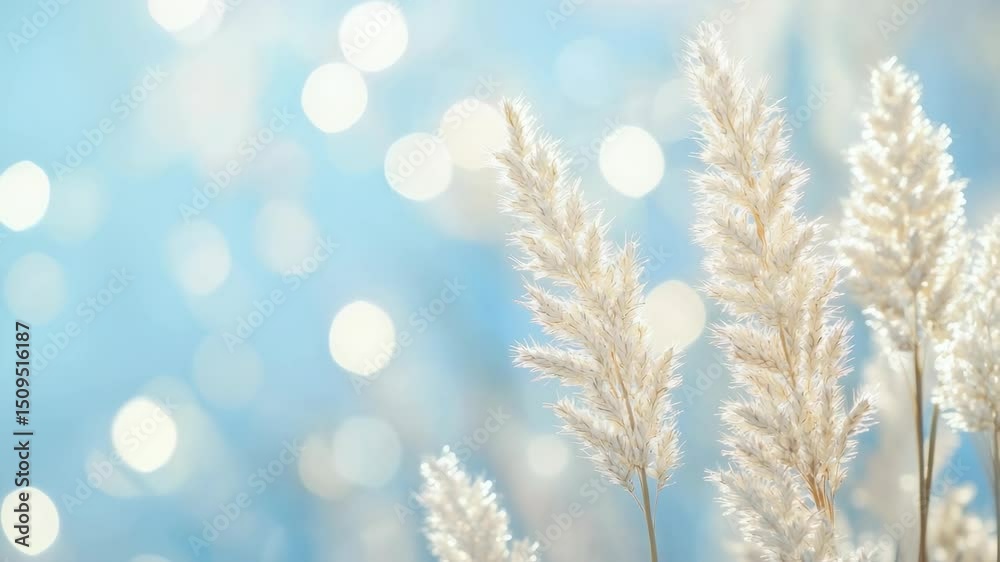 Close-up video of fluffy white pampas grass against a soft blue bokeh background, creating a dreamy, serene atmosphere from a low angle. Live desktop wallpaper. Close-up video of fluffy white pampas grass against a soft blue bokeh background, creating a dreamy, serene atmosphere from a low angle. Live desktop wallpaper.