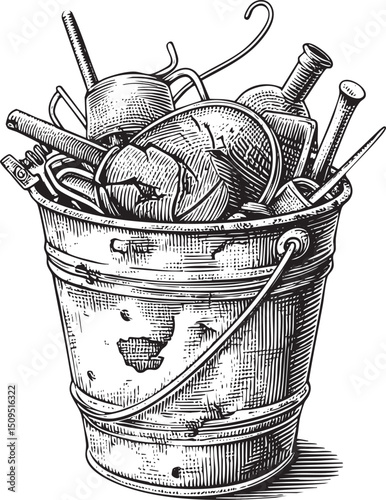 weathered metal bucket overflows with colorful yarn and sewing tools.