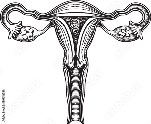 detailed black and white of a female reproductive system.
