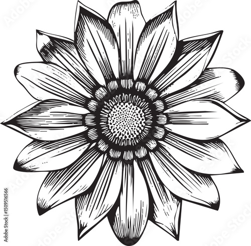 detailed black and white of a stylized flower.