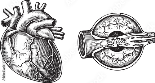 Detailed anatomical showcases a heart and eye.