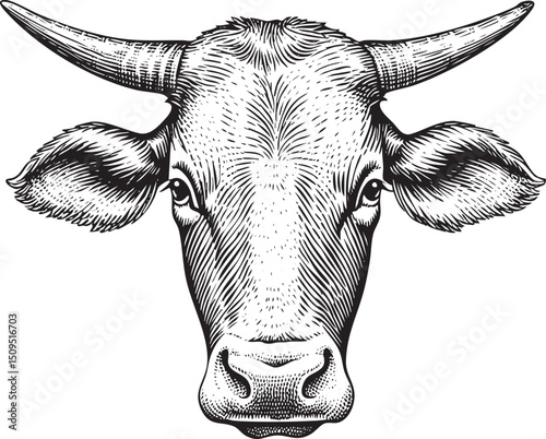 detailed black and white engraving of a bull's head.