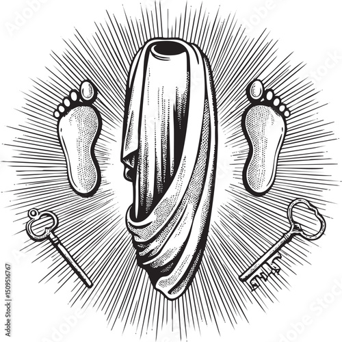 shrouded face is framed by bare feet and keys radiating a sense of mystery.