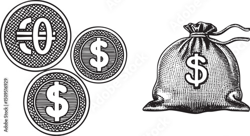 Three coins and a burlap sack display financial symbols.