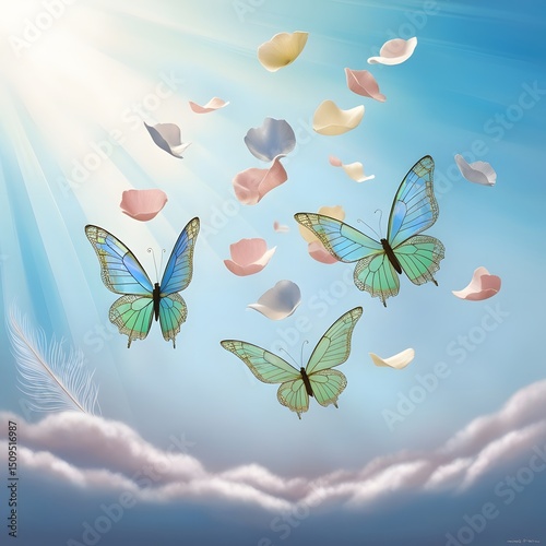 Wallpaper Mural The image depicts delicate butterflies with intricate vein patterns, fluttering amidst soft petals in shades of pink and baby blue, suspended in a serene background with hints of clouds Torontodigital.ca