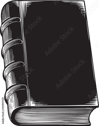thick bound book rests on a wooden surface.