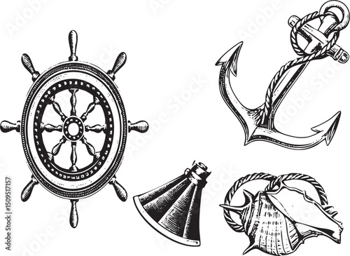 Vintage nautical instruments are displayed against a stark white background.