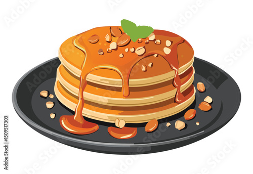 stack of pancakes topped caramel syrup and nuts - vector illustration
