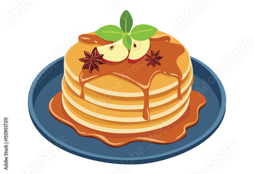 pancakes topped with syrup and apple cinnamon on a plate - vector illustration