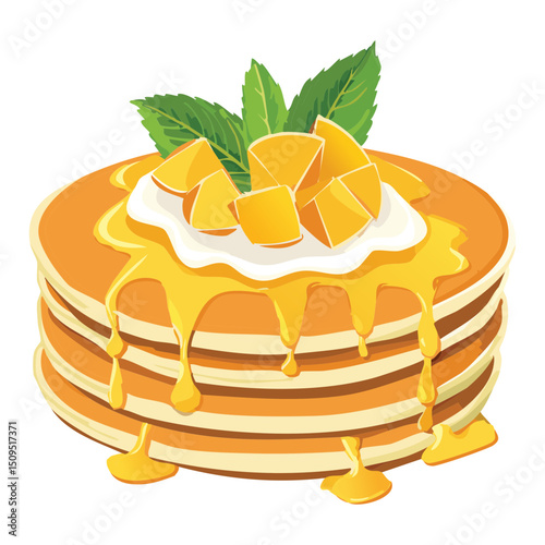 pancake with mango and coconut cream topping- vector illustration