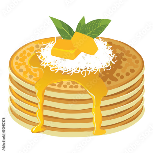 pancakes with coconut crumble and mango syrup - vector illustration