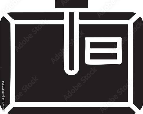 white cabinet displays a rectangular document with a pencil.