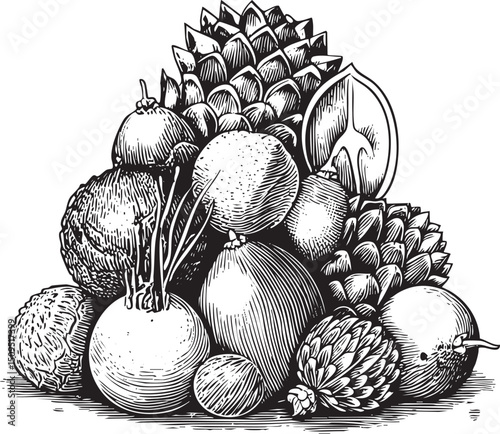 collection of diverse fruits and nuts rests on a rustic wooden surface.