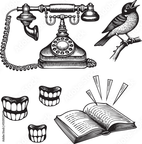 vintage rotary telephone sits beside a detailed open book and a collection of teeth.