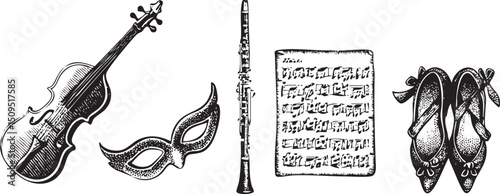 black and white sketch depicts a violin mask flute sheet music and dancing shoes.