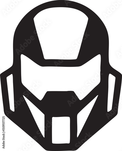 stylized black helmet with a white visor dominates the .