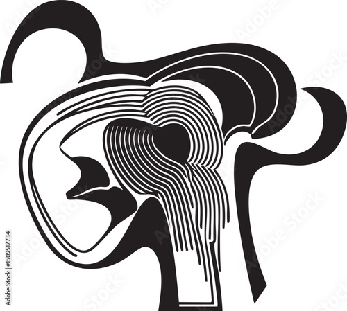 stylized abstract features flowing lines forming a human head silhouette.