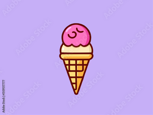 Cute ice cream cone with sleeping face on purple

