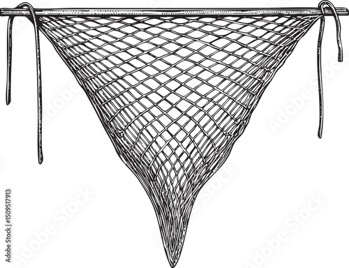 detailed woven net hangs suspended against a plain background.