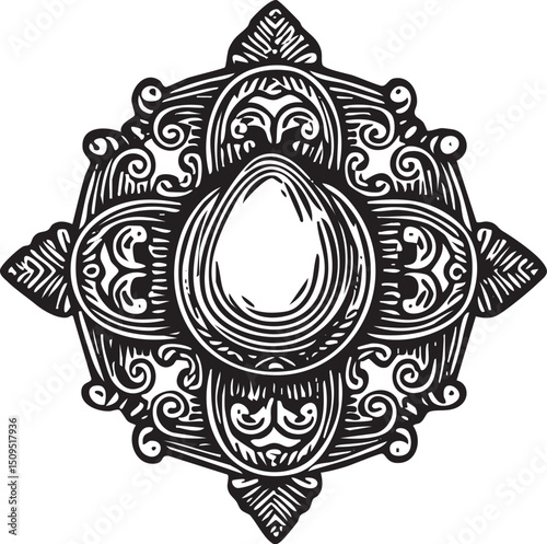 stylized circular ornament features intricate floral and a central gemstone.