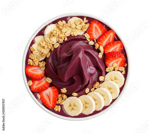 Acai bowl with fruits and granola top view