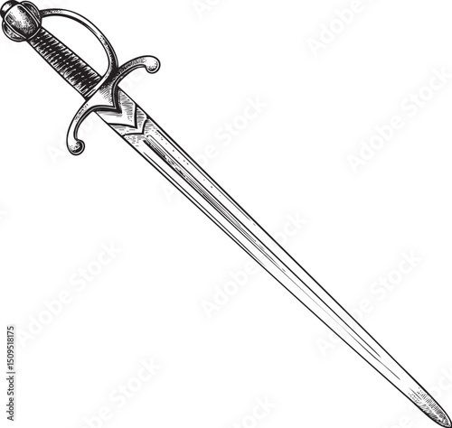 detailed black and white of a longsword with an ornate hilt.