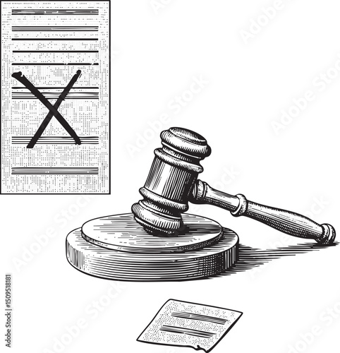 gavel crosses a legal document symbolizing rejection.