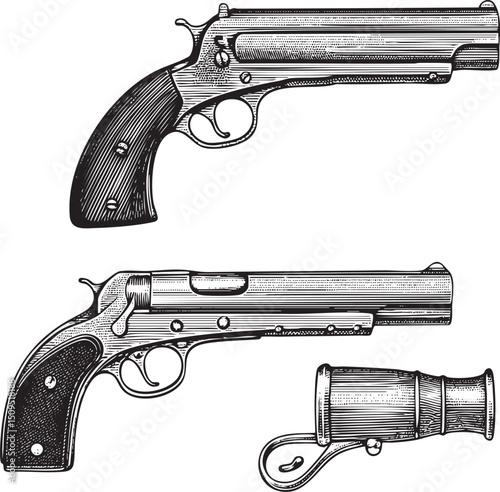 detailed black and white engraving showcases a double-action revolver with its cartridge.