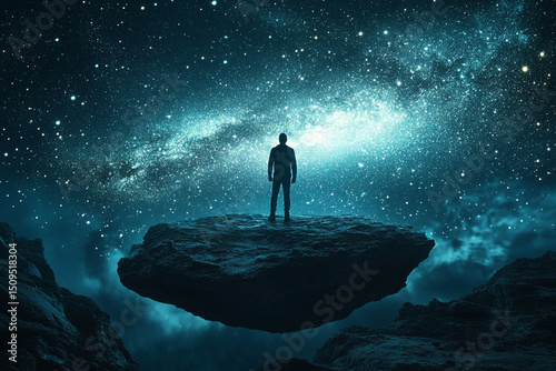 Silhouette of a man standing on a floating rock in space