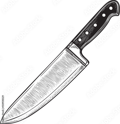sharp kitchen knife rests on a white surface.