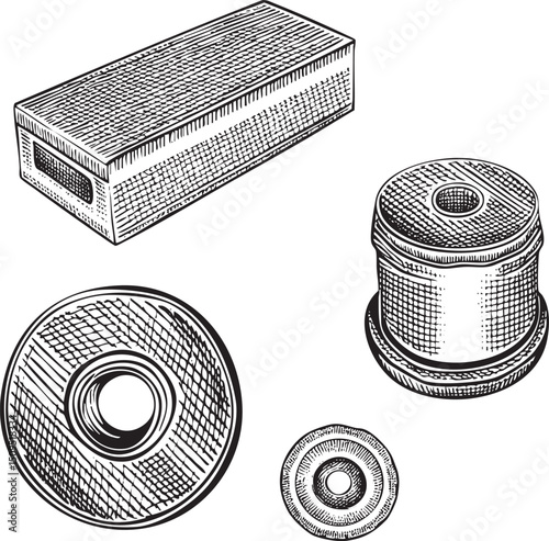 Black and white depicts three geometric shapes: a rectangular prism a cylindrical object and two circular forms.