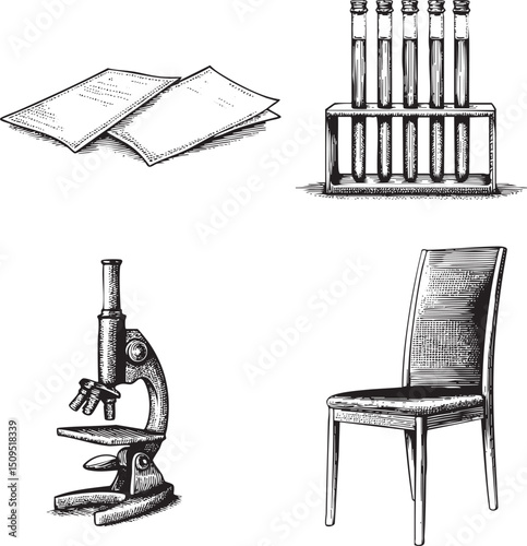Black and white sketch depicts laboratory equipment on a table.