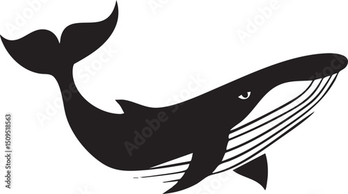 stylized black whale gracefully swims in a serene white background.
