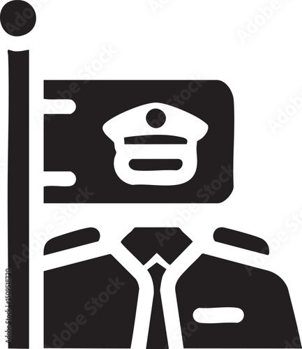 police officer stands tall with a peaked hat and uniform.