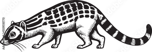 black and white armadillo walks confidently along a path.
