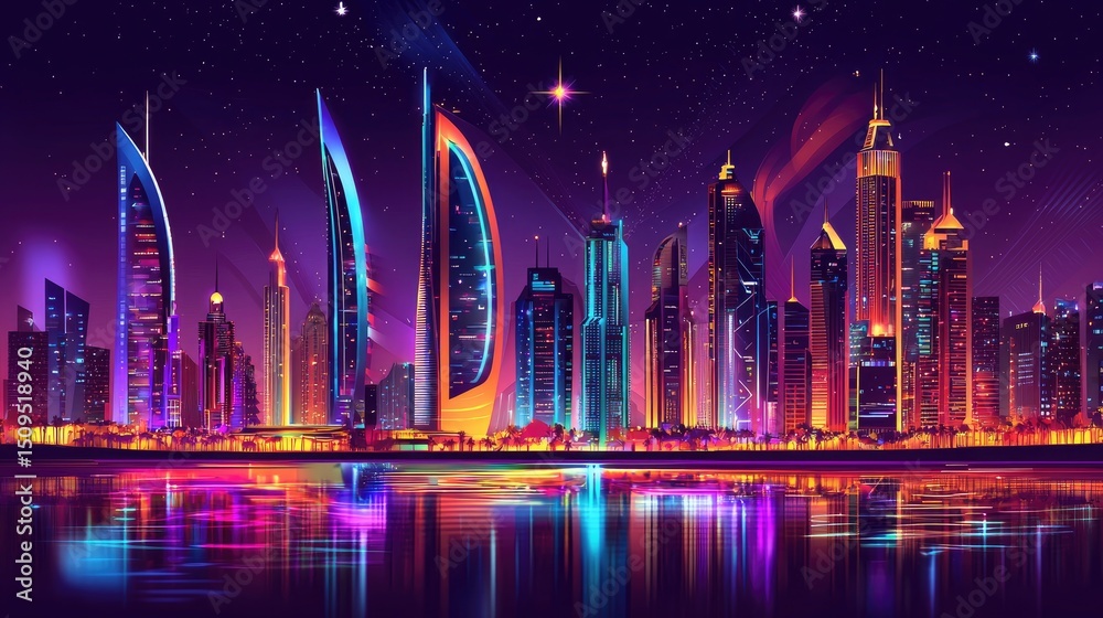 Fototapeta premium Vibrant cityscape at night with neon lights.