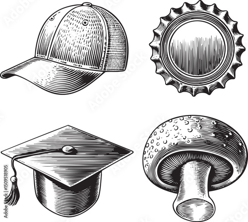 Vintage black and white engraving showcases a baseball cap beer bottle cap graduation cap and mushroom.
