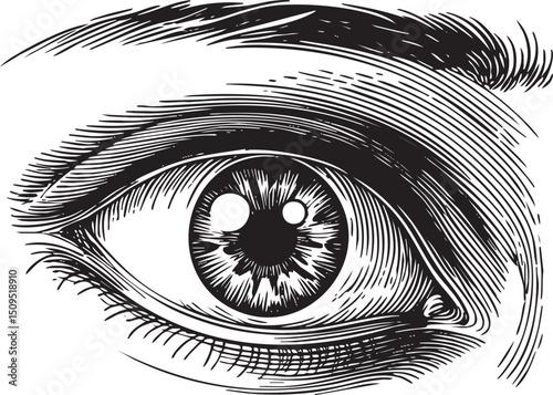 detailed close-up rendering of a human eye with intricate linework.