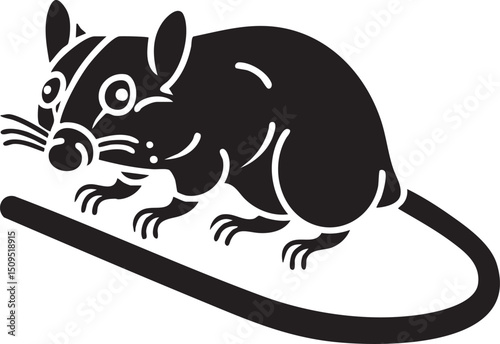 stylized black rodent scurries across a dark surface.