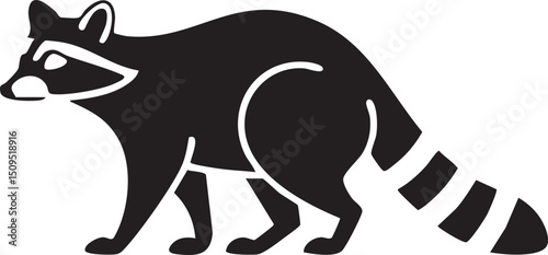 stylized black raccoon confidently strides forward across a white background.