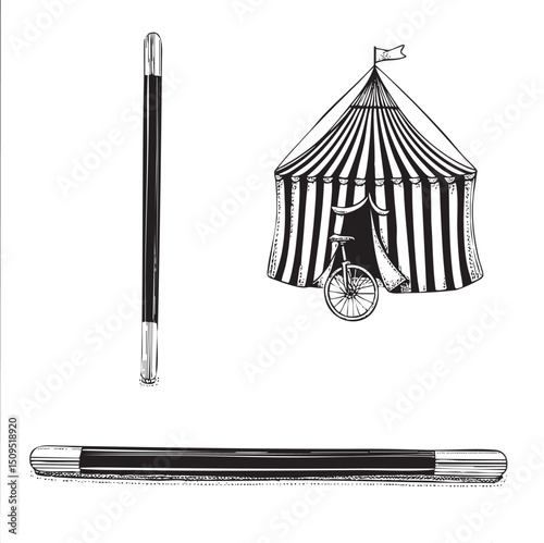 black magic wand rests beside a striped tent with a bicycle inside.