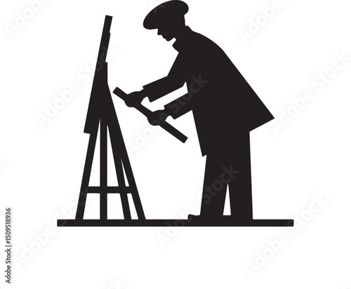 lone artist meticulously adjusts a painting on an easel.
