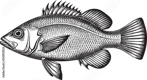 large detailed fish in black and white.