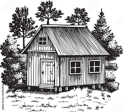 rustic wooden cabin nestled amongst a dense forest.