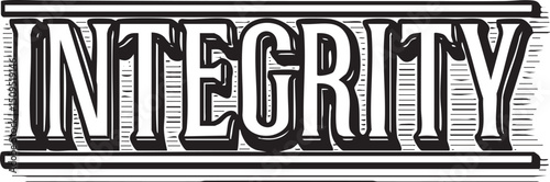 Bold stylized word ‘Integrity’ is displayed in a classic serif font on a textured background.