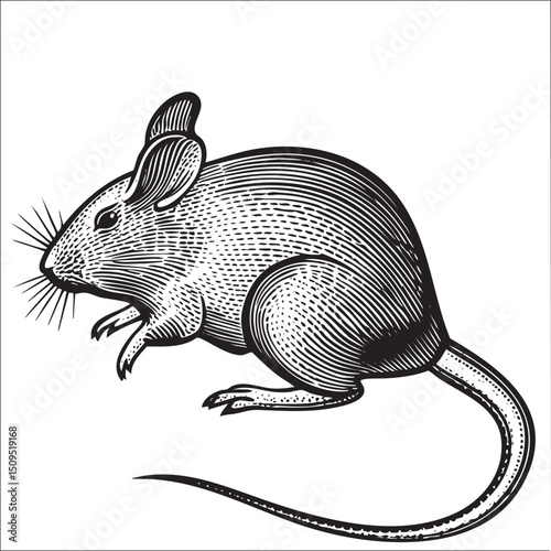 stylized black and white mouse perches on a textured surface.