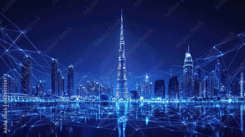 Fototapeta premium Futuristic cityscape at night, interconnected by a network of lines.