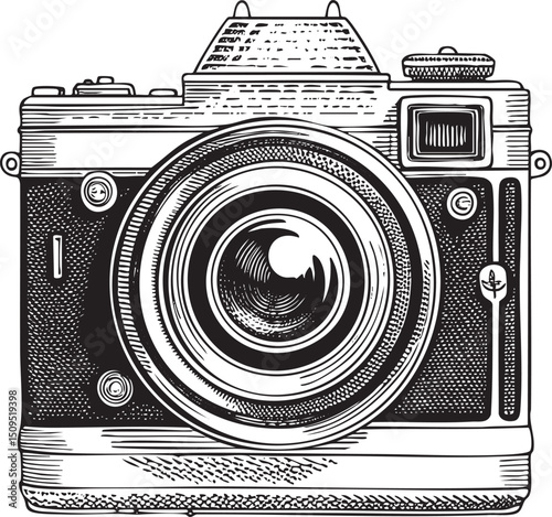 vintage camera displays a circular lens and intricate detailing.